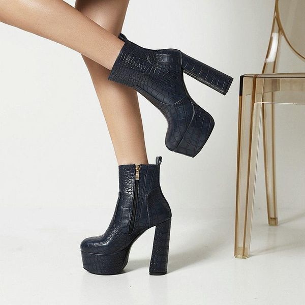 

boots stone pattern ladies short fashion zipper super high heel women's shoes autumn winter platform female warm ankle, Black