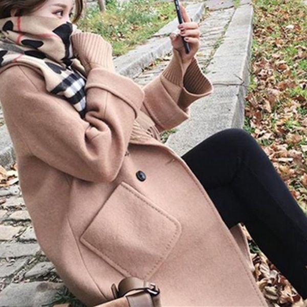 

women's wool & blends woolen coat women clothing autumn winter korean fashion mid-length loose thicken retro solid color jacket female, Black