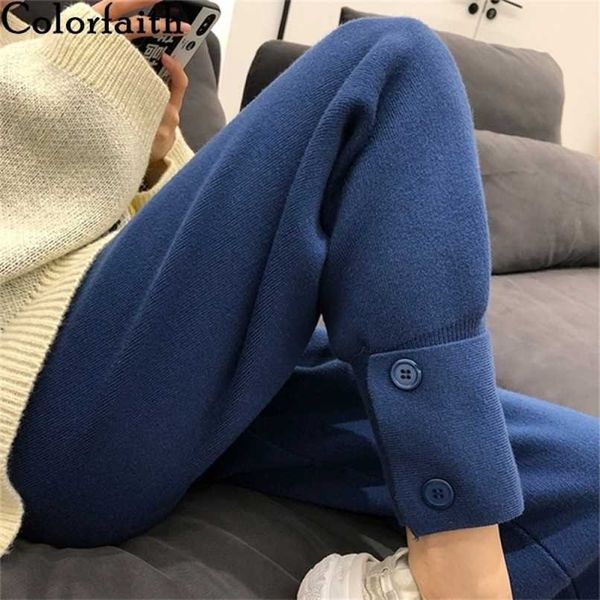 

colorfaith winter spring women pants knitting high waist wide leg pockets ankle-length harem lady warm trousers p1089jx 211112, Black;white