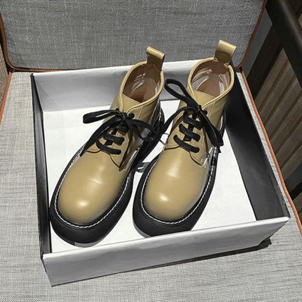 

cowhide leather boots lace-up short british style platform shoes, Black