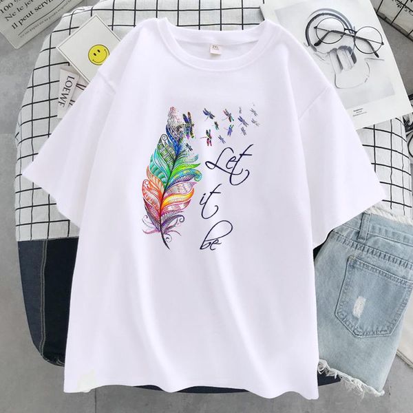 

let it be feather graphic print tshirts women harajuku soft t shirt fashion o-neck t-shirts vintage loose women's t-shirt, White