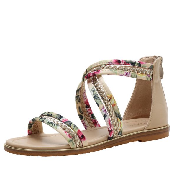 Sandales d'été tressées à lanières croisées pour femme Sandale ouverte zippée avec talon enveloppant Chaussures plates à motif floral 36-42