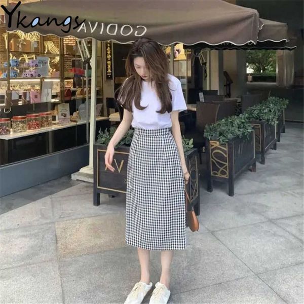 

plaid straight back split harajuku skirt women's retro high waist long skirts korean office ladies feminina knee length faldas 210619, Black