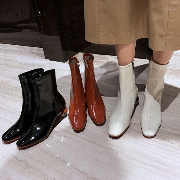 

boots mnixuan designer women shoes 2021 winter patent leather square toe crystal high heels zipper ankle size101, Black