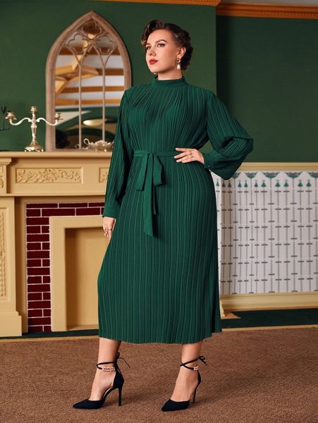 

plus mock neck belted plisse dress b3fb#, Black