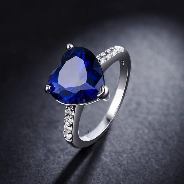 

wedding rings trendy simple heart-shaped royal blue zircon for women engagement and crystal fashion jewelry accessories, Slivery;golden