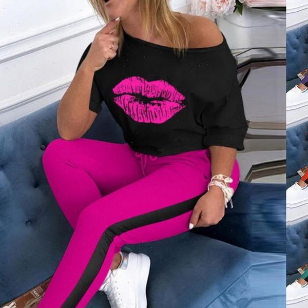 

lip print tracksuit sets women tracksuits summer shoulder 2pcs set blouse elastic waist long pants fahion, Gray