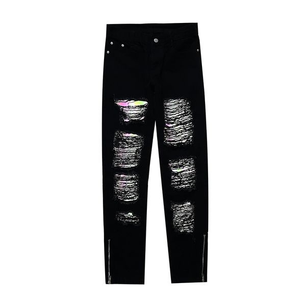 

3m reflective hole washed jeans pants men streetwear retro plus size denim trousers ankle zipper casual pants, Blue