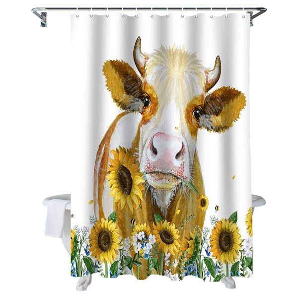 

watercolor farm cow with daisy bathroom shower curtains polyester fabric, floral home decorative waterproof bath curtain set