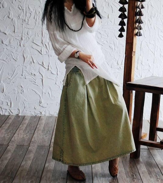 

skirts yoyikamomo 2021 women skirt vintage spring original solid color elastic waist denim casual, Black