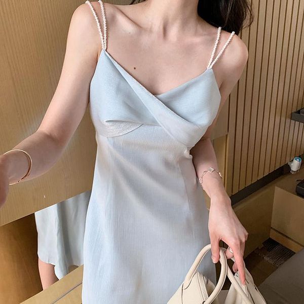 

casual dresses 2021 holiday blue french niche sling chiffon skirt women's summer korean dress women, Black;gray