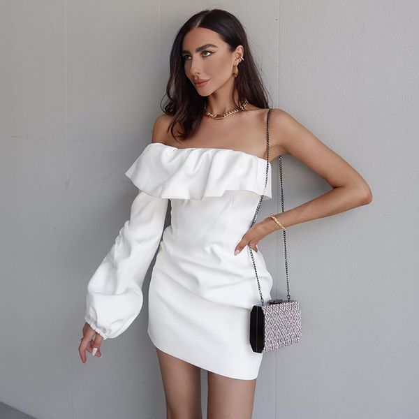 

casual dresses spring off shoulder full sleeve white ruffle mini bandage woman party night club vestidos 32sb, Black;gray