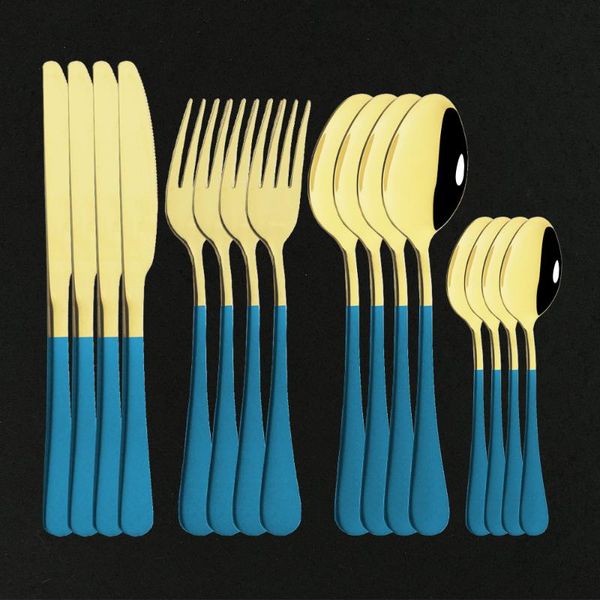 

dinnerware sets 16pcs cutlery set blue gold fork spoon knife stainless steel western silverware for kitchen tableware wholesale
