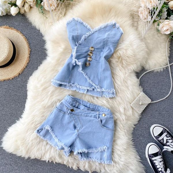 

women's tracksuits jmprs women denim 2 piece sets v neck slim button up fashion tassel crop jeans pockets mujer blue wide leg shorts s, Gray