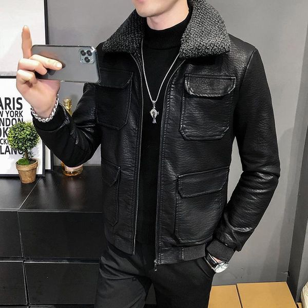 

men's fur & faux autumn and winter pu leather casual cashmere lapel thickened coat, Black