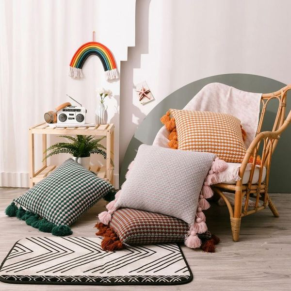 

cushion/decorative pillow nordic style decorative pillows case handmade knitted geometric cushion cover tassels living room sofa bed pillowc