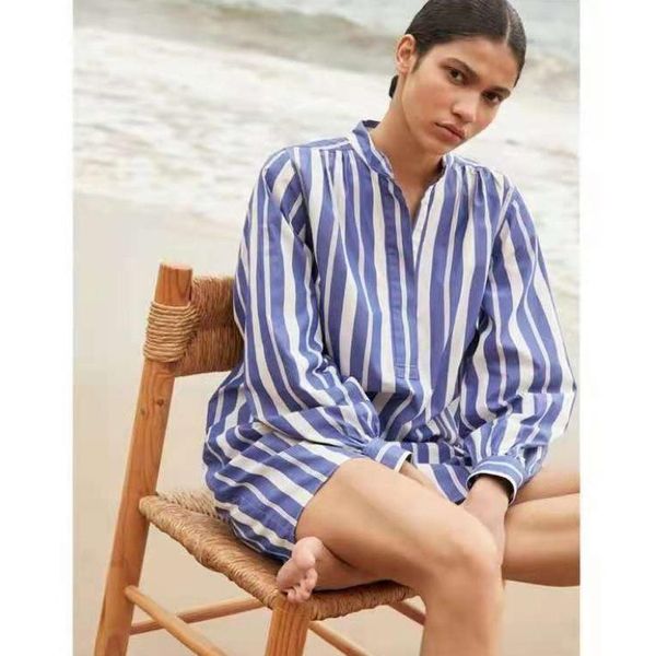 

party dresses women dress 2021 early autumn blue and white striped stand-up collar shirt skirt loose casual slimming mid-length 100% cotton, White;black