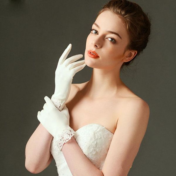 

bridal gloves perfectlifeoh wedding glove short satin lace trim ivory accessory wrist length matte, White