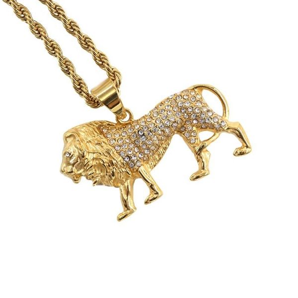 

pendant necklaces exquisite crystal metal inlaid lion and necklace chain, men's jewelry on the neck, Silver