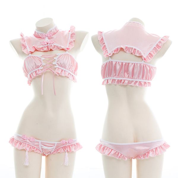 

suit underwear women' with fun ruffle, open chest, pink bandage, underwear, student uniform, temptation, private room, home clothes, Red;black
