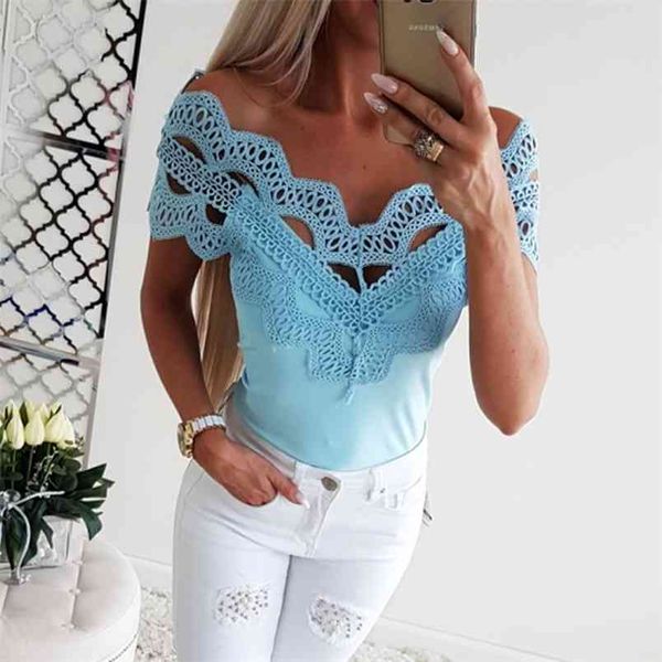 

arrival summer women t-shirt lace patchwork hollow out t shirts short sleeve slash neck off shoulder tee tshirt harajuku 210517, White