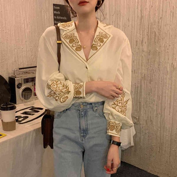 

dress retro women loose embroidery all match chic vintage gentle stylish blouse elegance female shirts, White