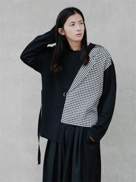 

men's t-shirts long sleeve t-shirt big suit collar stitching asymmetrical design false two loose large size bottom, White;black
