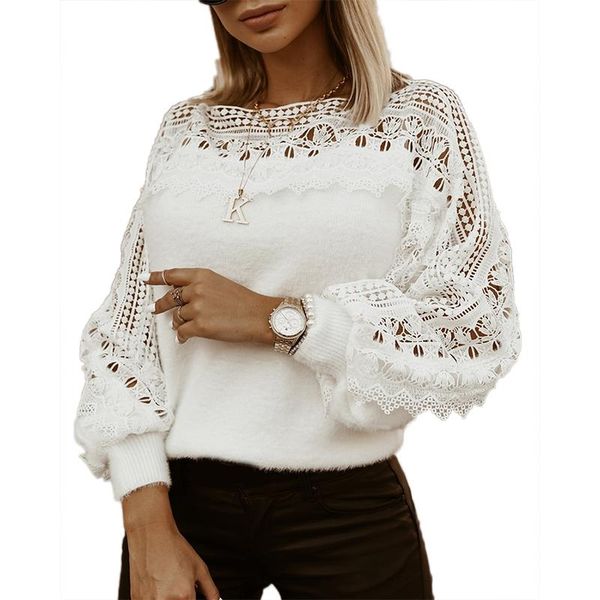 

women's sweaters women autumn sweater solid guipure lace lantern sleeve long female chic ladies winter clothes, White;black