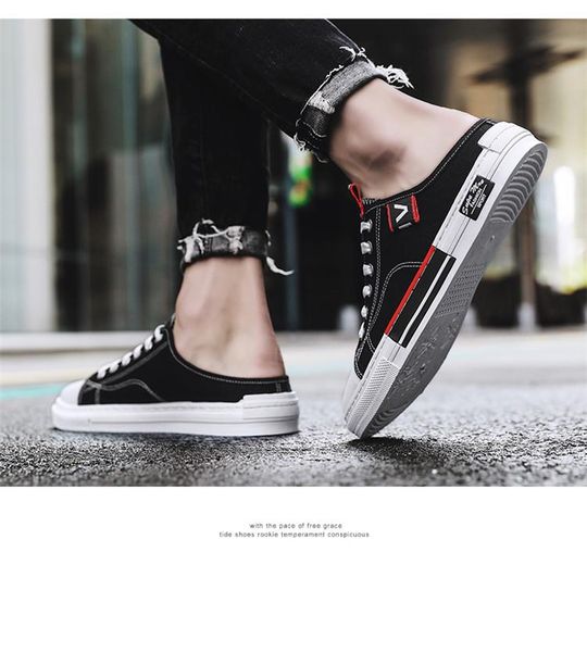 

trendy classic summer semi-slippers lazy canvas men's shoes soft comfortable and elastic easy to wear shockproof non-slip, Black