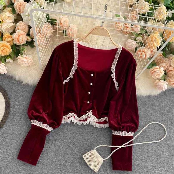 

court short women's autumn winter fashion sweet pearl long sleeve retro velvet shirts lady elegant blouse p967 210527, White