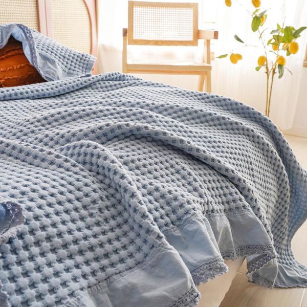 

blankets pure color waffle sofa bed lace towel blanket for travel office single double air condition bedding coverlet soft