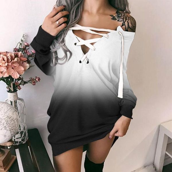 

casual dresses women's fashion gradient prints off-shoulder bandage bodycon dress strappy long sleeves mini festival clothing, Black;gray