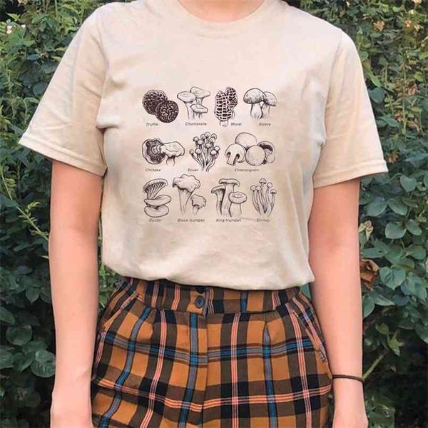 

vintage mushroom print women tee summer fashion egirl aesthetic streetwear oversized t shirt graphic cute clothes 210512, White