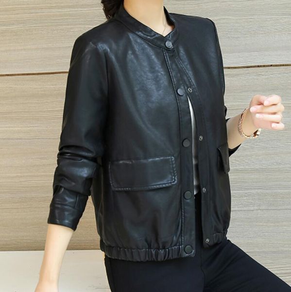 

women's leather & faux spring and autumn stand collar women loose sheepskin motorcycle jacket trend female fashion casual coat m-3xl, Black
