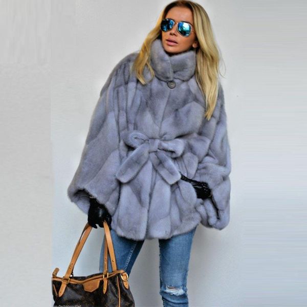 

women's fur & faux winter fashion real mink jacket medium length trendy women batwing sleeved genuine coat stand collar, Black