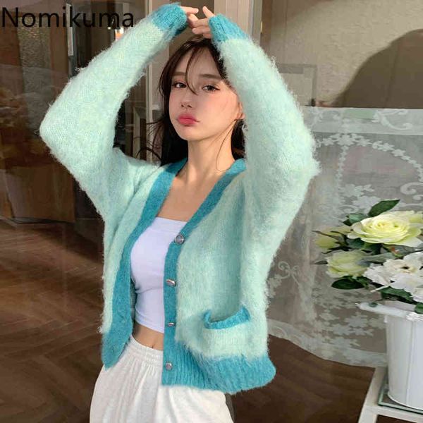 

nomikuma autumn winter sweater coat korean contrast color sweet knitted cardigan causal v-neck long sleeve knitwear 6d357 210427, White
