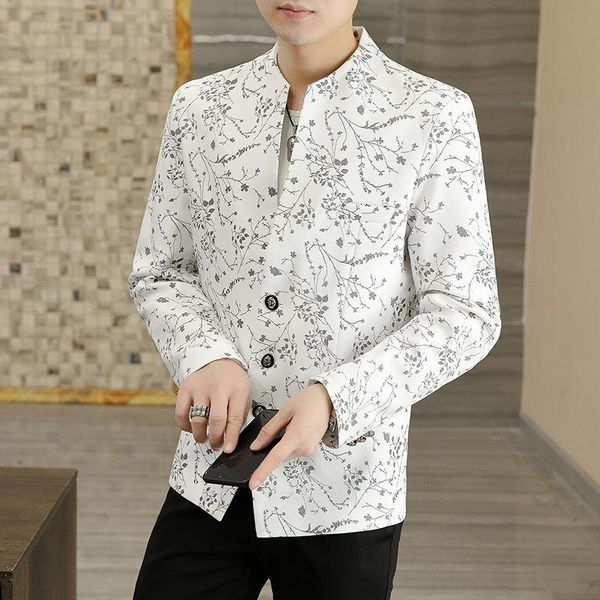 

men's suits & blazers 2021 autumn stand collar branch printed blazer youth handsome three button leisure, White;black