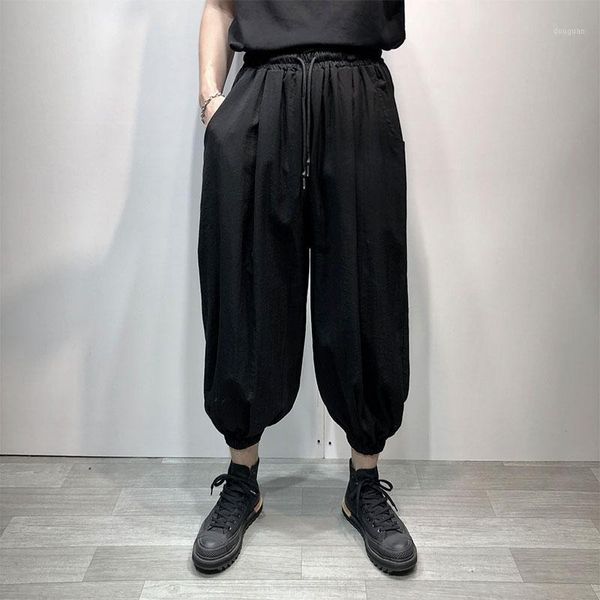 

men's pants summer large dark department thin loose leggings harajuku style solid color slightly broken harlan nine point lanter, Black