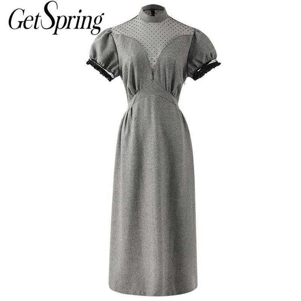

getspring women dress temperament vintage retro mesh stitching dot print maxi es high waist long ladies es 210601, Black;gray