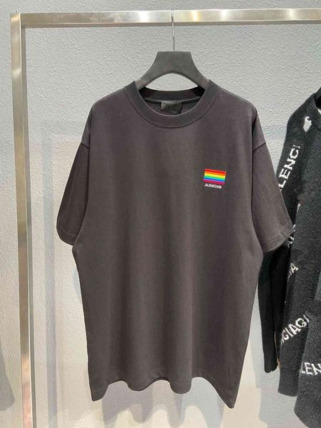 

high version ins net red same fashion summer new chest embroidery rainbow round neck short sleeve t-shirt tee couple, White;black