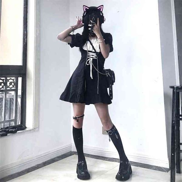 Qwek Goth Dress Dress Kawaii Gótico Maid Outfit Lolita Cosplay Couplay Costumes E Menina Slow Sleeve Bandage Dress Mall Goth Emo 210331