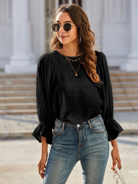 

solid keyhole back flounce sleeve blouse j0lt#, White