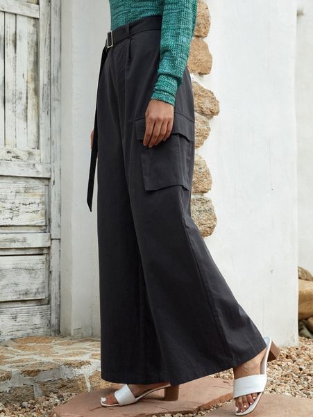 

flap pocket belted wide leg pants o9sg#, Black;white