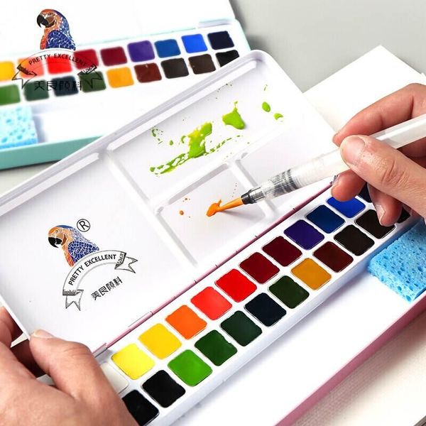 

gift sets meiliang 24/36colors solid watercolor paint set not-toxic paints portable metal case with palette and art brushes