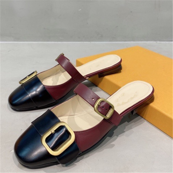 

luxurys designers shoes smooth leather slippers metal buckle ladies shoes buckle strap women sandals two color match summer slip, Black