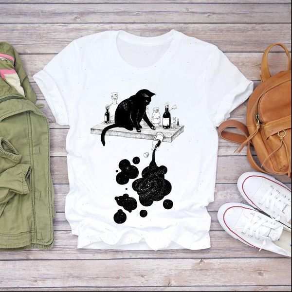 

cat funny space fashion paw womens cute short sleeve print graphic female tee, White