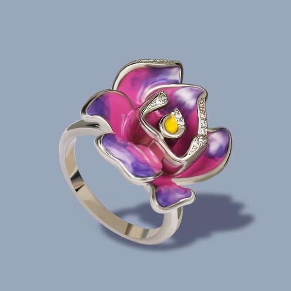 

cluster rings silver for women pure 925 sterling gold color delicate purple blooming flower fine jewelry handmade enamel, Golden;silver