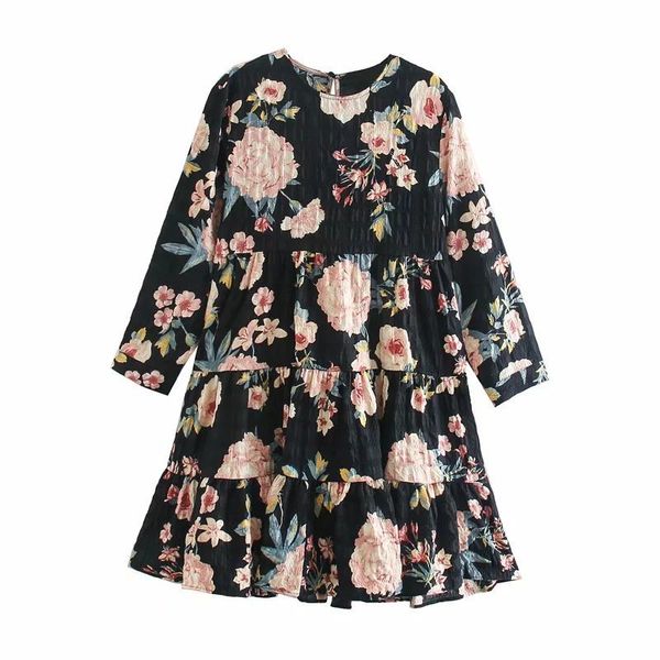 

women dress floral printed o-neck textured romantic vintage short elegant fashion casual es 210420, Black;gray