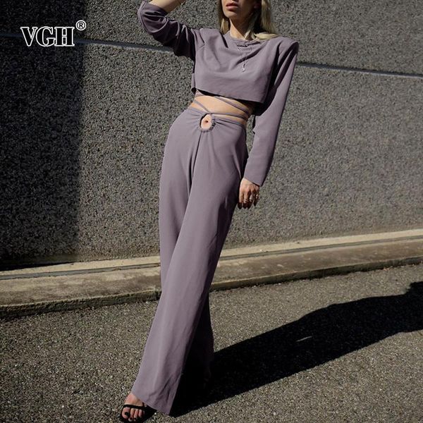 

women's two piece pants vgh casual solid set for women o neck long sleeve short t shirt high waist lace up trousers loose sets female 2, White