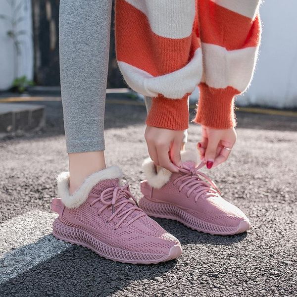 

boots preppy style Ã©tudiant femmes hiver fourrure en peluche neige chaude tricotÃ© bottines Ã lacets bottine Ã©pais brossÃ© plat chausson, Black